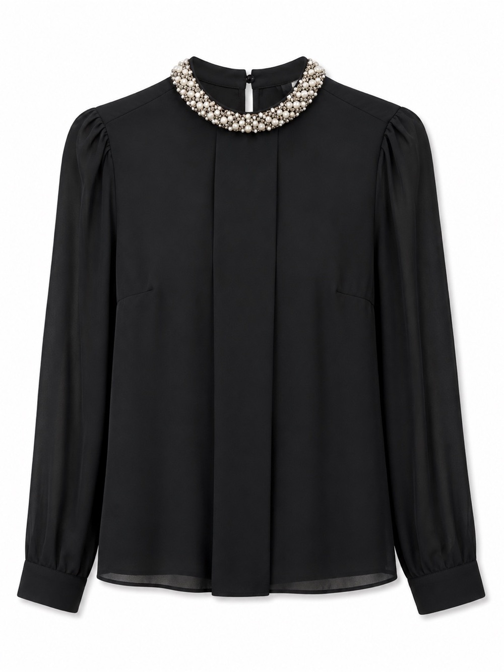 Black Pearl-Embellished Neck Blouse - Women